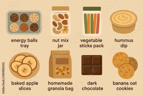 Healthy snacks flat icons set – silhouette, outline, nutritious food symbols