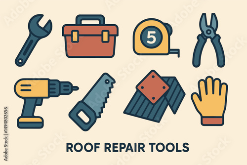 Roof repair tools icons set – flat, home improvement, construction symbols
