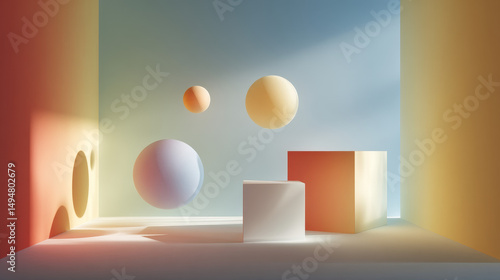 Minimal Abstract 3D Scene with Floating Spheres and Cubes in Soft Pastel Light