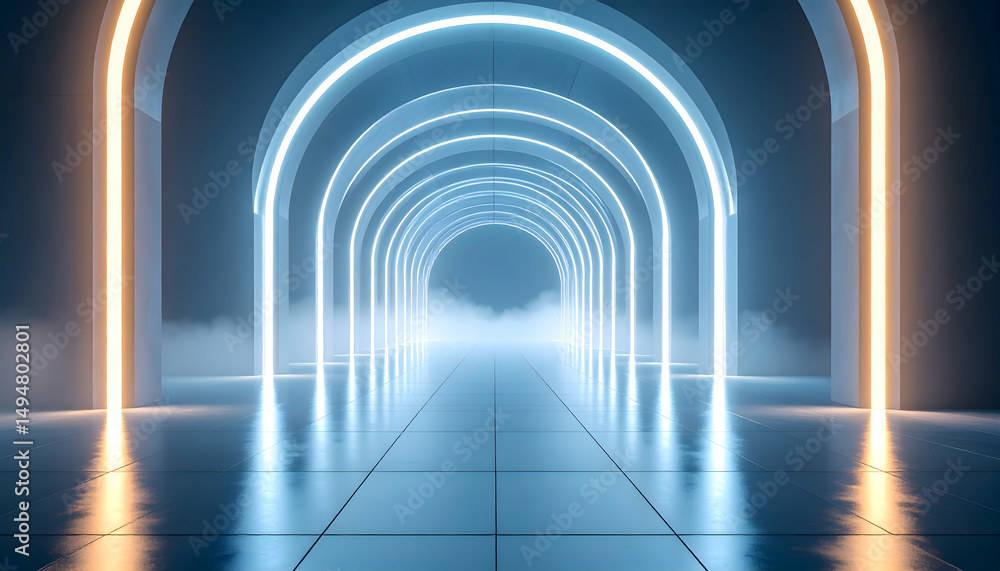 Obraz premium Abstract Neon Archway Tunnel with Blue and Orange Lights