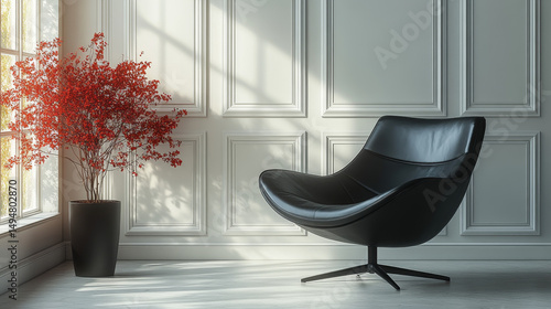 Elegant Black Armchair and Red Plant in Classic Sunlit Interior with Wall Moulding