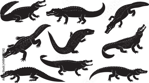 Crocodilian Reptile Silhouette Art: Black and White Vector Illustration of Prehistoric Swimming Predator
