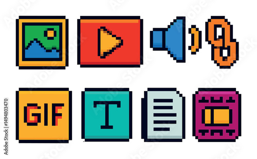 Vibrant pixel art icons for multimedia and communication design