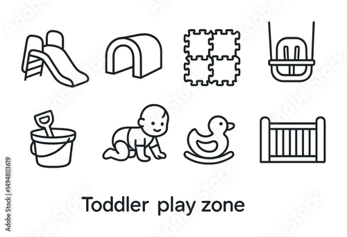 Toddler play zone icons set – outline, linear, baby and kids activity designs