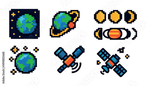 Outer space pixel art icons set – astronomy, planets, and satellite graphics