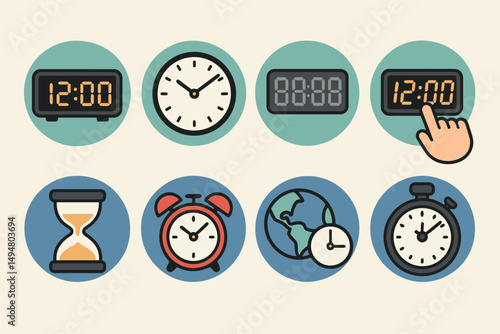 Time and clock icons set in flat style – watches, timers, hourglass designs
