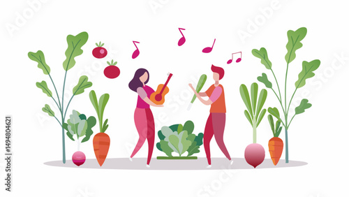 People playing music surrounded by vegetables like carrots tomatoes and radishes in a garden setting scene