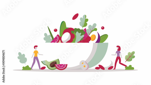 Illustration of a large salad bowl with people nearby promoting healthy eating and lifestyle choices