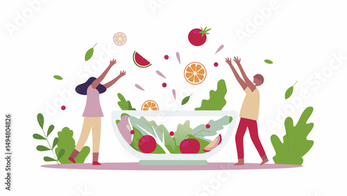 People tossing fruits and vegetables into a large salad bowl with green plants around them shown