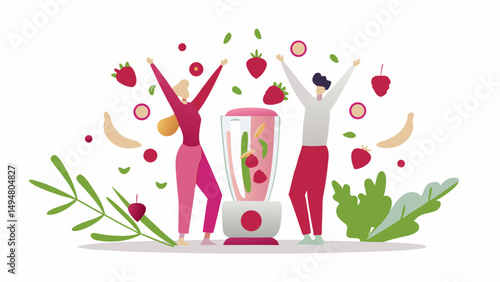 People celebrating making a smoothie with a blender and various fruits like strawberries and bananas around them