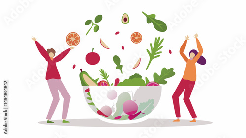 Two people celebrating a large bowl of salad with various fruits and vegetables floating around it happily