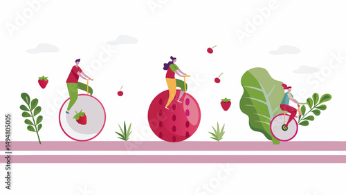 People riding unicycles with strawberry, raspberry and lettuce wheels on a pink striped road surface