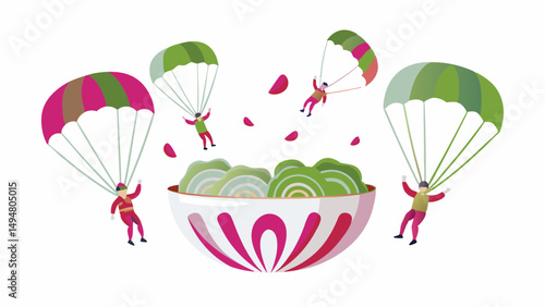 Illustration of skydivers with parachutes above a bowl of salad and floating petals on white background