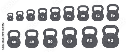 Set of kettlebells of different sizes and weights. Weight for fitness and sport. Athletic equipment for strength exercises, muscle training. Vector flat illustration isolated on white background