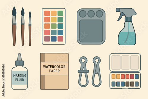 Art supplies outline icons set – linear, drawing, painting tools collection