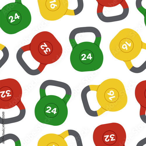 Seamless pattern with standard kettlebells weighing 16, 24 and 32 kilograms on white background. Yellow, green and red weights for kettlebell lifting sport. Fitness equipment. Vector flat illustration