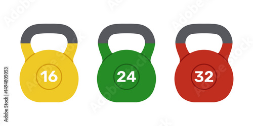 Standard kettlebells set weighing 16, 24 and 32 kilograms. Yellow, green and red weights for kettlebell lifting sport. Fitness equipment. Vector flat illustration isolated on white background