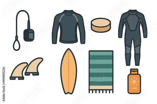 Surfing equipment flat icons set – beach, wave, watersport essentials