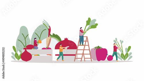Illustration of people harvesting vegetables including carrots beets and tomatoes in a garden setting
