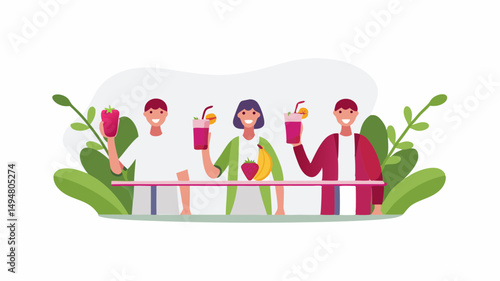 Three people holding smoothies and a pepper with fruits and plants behind a pink counter on white background