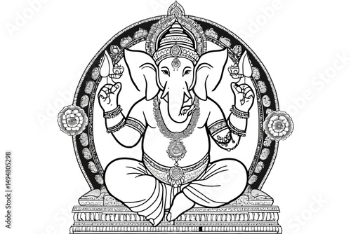 Intricate Black and White Vector Line Art of Lord Ganesha on Lotus Throne with Mandala and Sacred Symbols