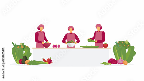Three cooks preparing vegetables and salad behind a counter with fresh produce displayed in front