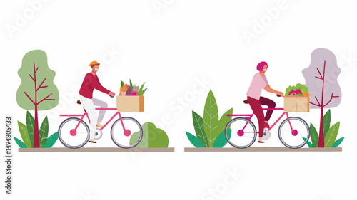 Two people riding bicycles with baskets of groceries in a park like setting with trees and bushes