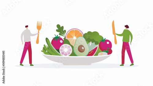 Illustration of people with fork and knife on each side of a bowl full of vegetables and fruits
