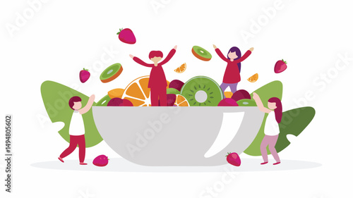 Illustration of a large bowl filled with various fruits and four people around it celebrating health
