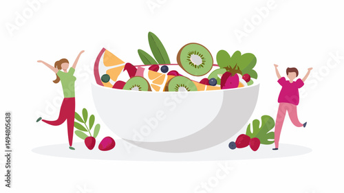 Illustration of a large bowl filled with fruit salad and two people celebrating healthy eating lifestyle