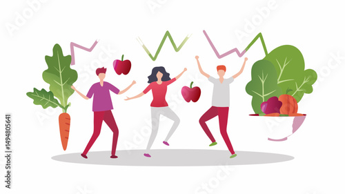 Three people celebrating with healthy food like apples carrots and salad in a bowl with graph lines above