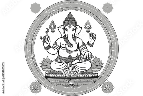 Intricate Black and White Vector Line Art of Lord Ganesha on Lotus Throne with Mandala and Sacred Symbols