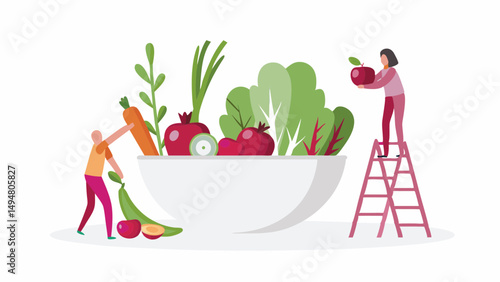Illustration of people adding vegetables and fruits to a large bowl, promoting healthy eating habits and lifestyle