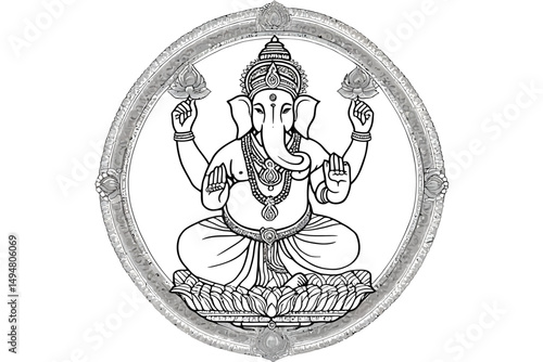 Intricate Black and White Vector Line Art of Lord Ganesha on Lotus Throne with Mandala and Sacred Symbols