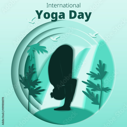 International Yoga Day. Square template. Uttanasana pose. Standing Forward Bend pose. Paper cut design. Isolated vector illustration