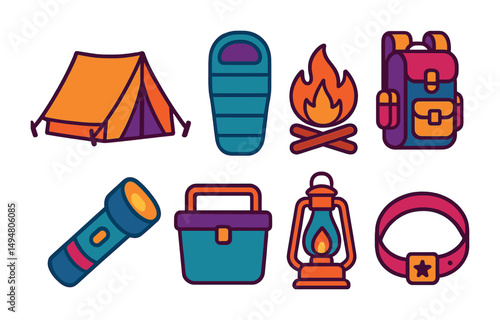 Camping solid icons set – filled, outdoor, adventure and nature symbols