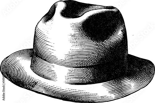 Fedora hat in classic antique style. Black and White Outline Line Art Drawing with Detailed Design