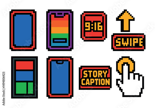 Social media pixel art icons set – interactive, digital, swipe and tap graphics