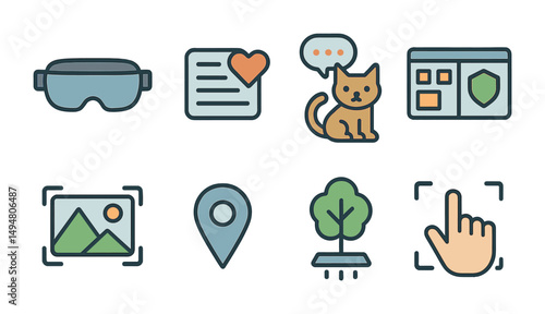 Virtual reality and tech linear icons set – sleek, outline, futuristic digital symbols