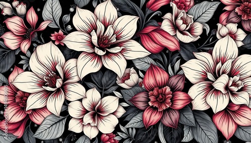 Wallpaper Mural Intricate dark ink floral patterns, exotic blooms, luxurious & abstract design, leaves, gothic Torontodigital.ca