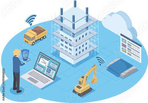 建設業におけるクラウドシステムの活用をイメージしたイラスト