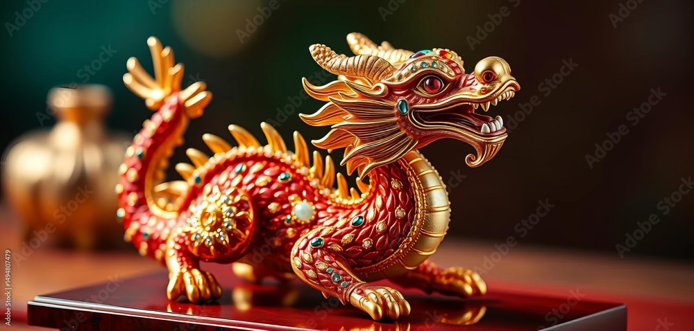 Obraz premium Intricate miniature dragon statue crafted from precious stones and gold, embodying the Chinese zodiac's Year of the Dragon, Miniature Dragon, Legend