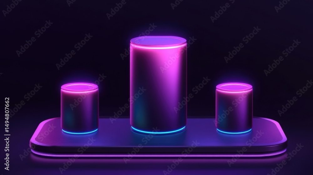Three iridescent metallic cylinders on a sleek platform, illuminated by vibrant neon purple and pink lights against a dark background Three iridescent metallic cylinders on a sleek platform, illuminated by vibrant neon purple and pink lights against a dark background