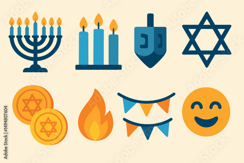 Hanukkah flat icons set – silhouette, filled, holiday and celebration symbols