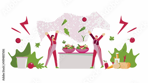 Two farmers celebrating a successful harvest with fresh salad and various vegetables on a white background