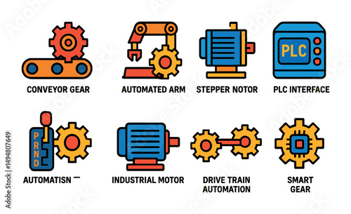 Industrial automation flat icons set – robotic, machinery, engineering graphics