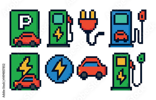 Electric vehicles pixel art icons set – charging, transportation, eco-friendly designs