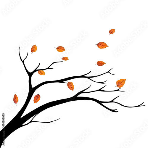 Leafless tree with scattered orange leaves and small birds perched branches, symbolizing autumn and change, evokes peaceful