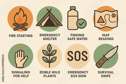Survival skills flat icons set – filled, outline, emergency readiness graphics