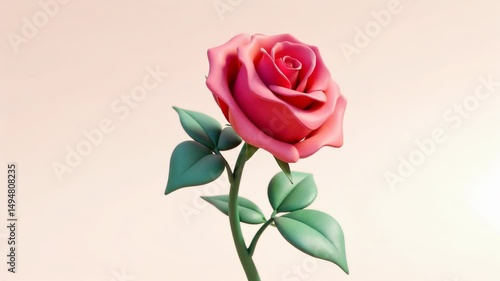 Elegant pink rose with green leaves set against a simple neutral background